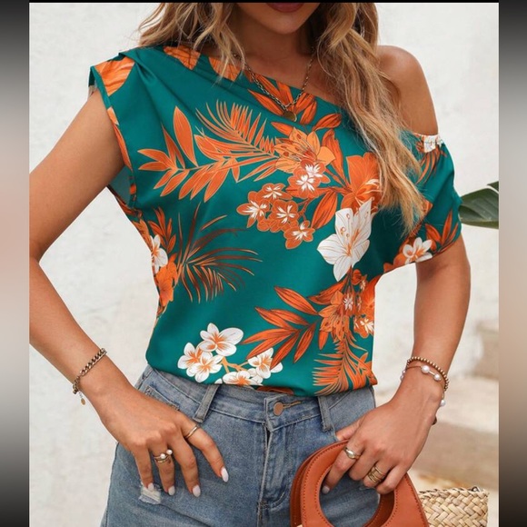 Boho Floral Tropical Print Asymmetrical Neck Batwing Sleeve Top Blouse Green - Picture 5 of 6